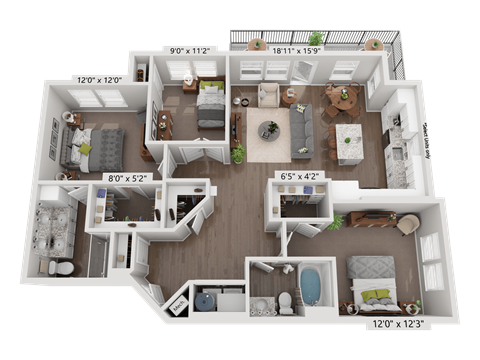 Floor plan for 3 beds, 2 baths, 1285 sqft